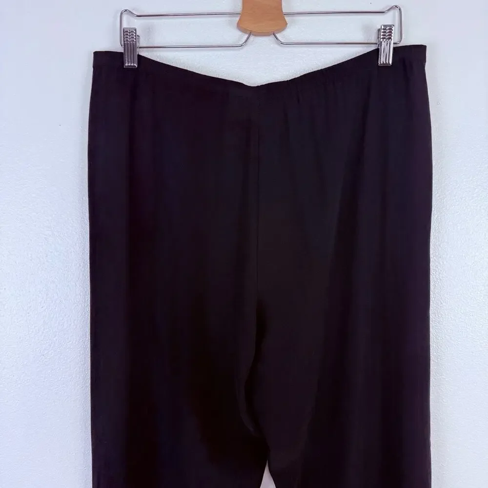 Eileen Fisher 100% Silk‎ Crepe Wide Leg Pants Large Petite Black Pull On Flowy